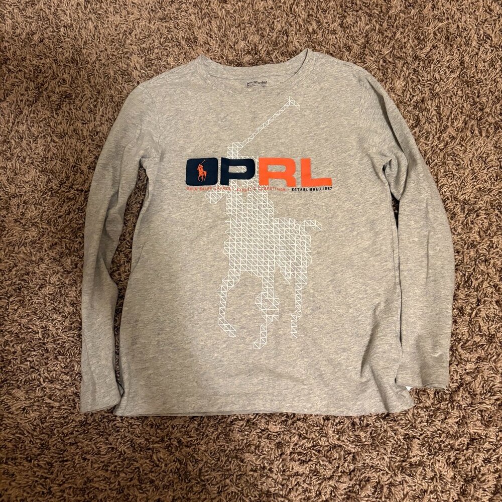 Polo Ralph Lauren Logo T Shirt 7 Light Gray Long Sleeve Crew Neck 100% Cotton